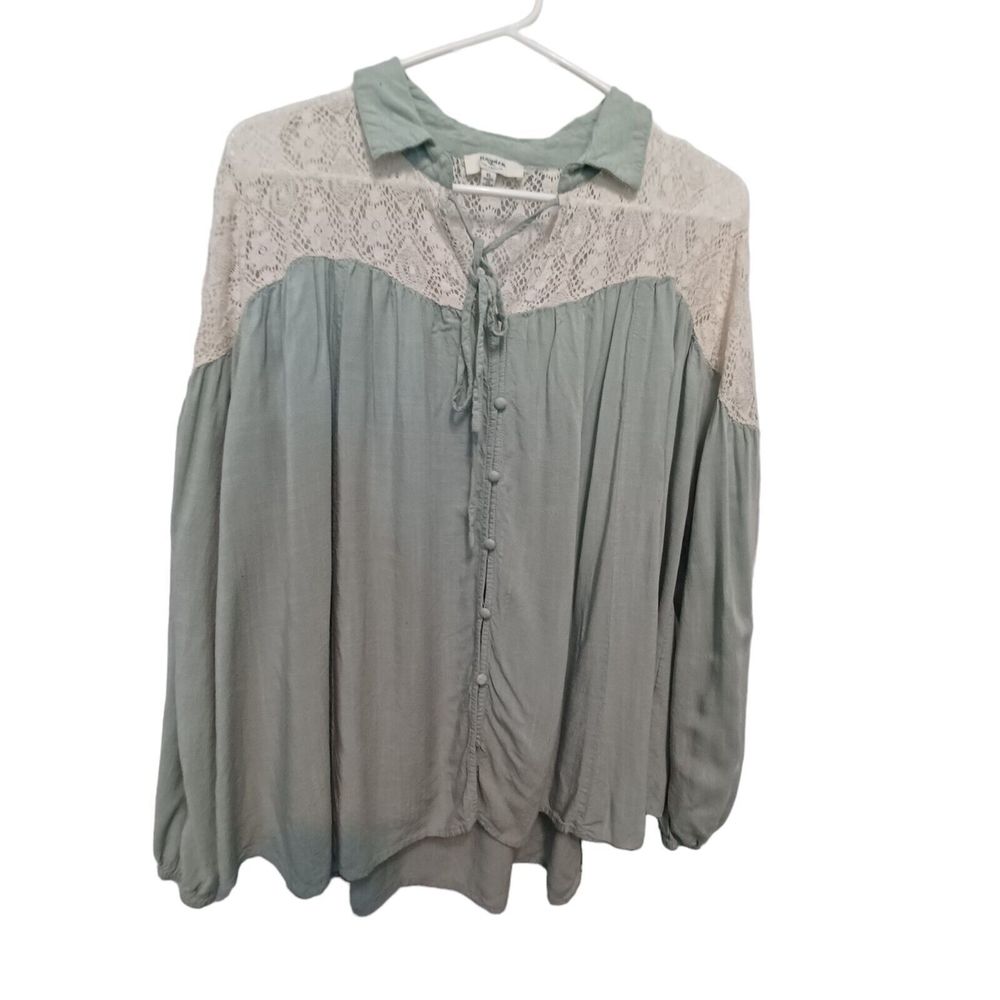 Hayden LA Peasant Tunic Top Size XL Green  Lightweight Boho Lace Trim Shirred